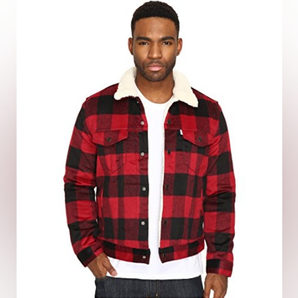 Levi's Mens Sherpa Lined Trucker Jacket.  Red and Black Plaid Size XL